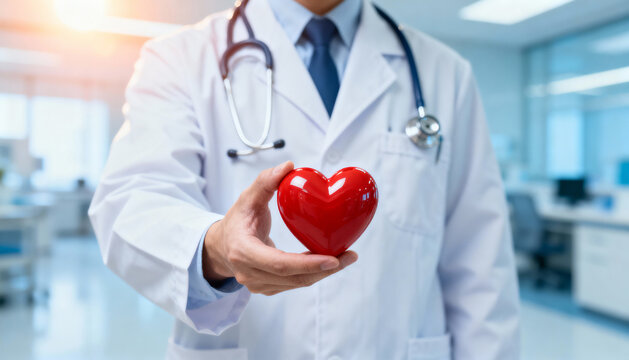 Doctor holding a red heart model in a hospital setting symbolizing healthcare, cardiology, and medical care concepts