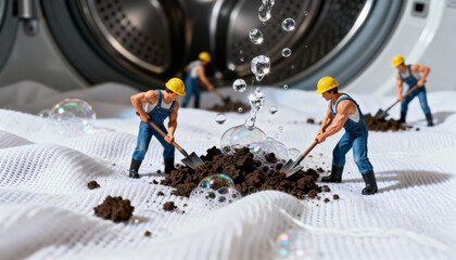 Miniature construction workers digging soil on white fabric with soap bubbles and washing machine in the background