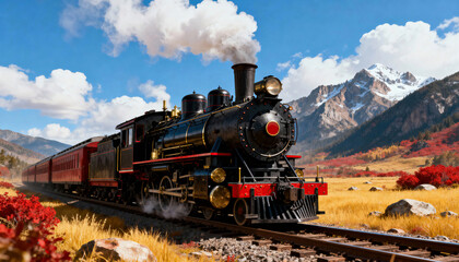 Obraz premium Steam locomotive pulls passenger cars through autumn mountain landscape