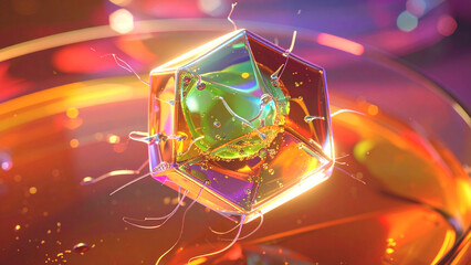 Abstract glowing geometric molecule with iridescent liquid and tendrils