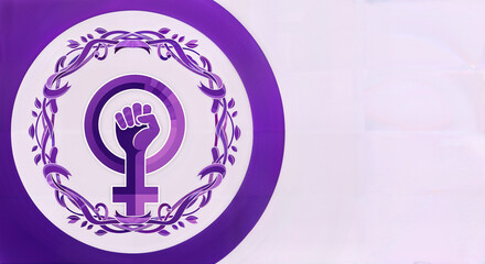 Feminism Venus symbol in purple with vine pattern in soft tones representing empowerment and activism, International Women's Day