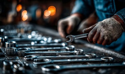 Detailed Close-Up of Hands with Wrench Over Variety of Tools in Maintenance Photography
