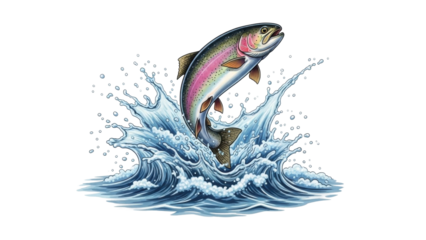 Rainbow trout jumping out of the water with splashes during daytime in a river
