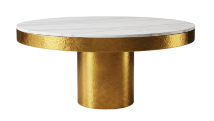 Round table with marble top and gold base placed in a modern living room setting during the day