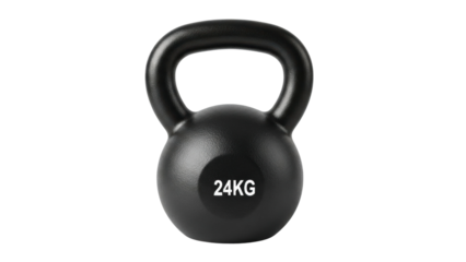 Black kettlebell weighing 24 kilograms on a plain background ready for workout sessions at home or gym facilities