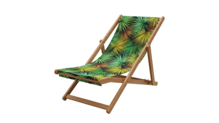 Colorful lounge chair with palm leaf pattern placed indoors during daylight hours