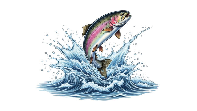 Rainbow trout jumping out of the water with splashes during daytime in a river