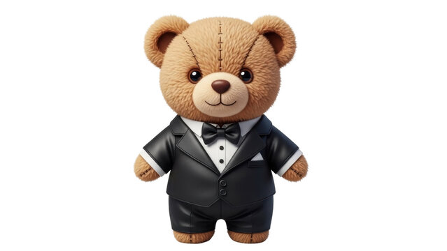 Teddy bear in a tuxedo standing straight with a friendly expression and well-defined features