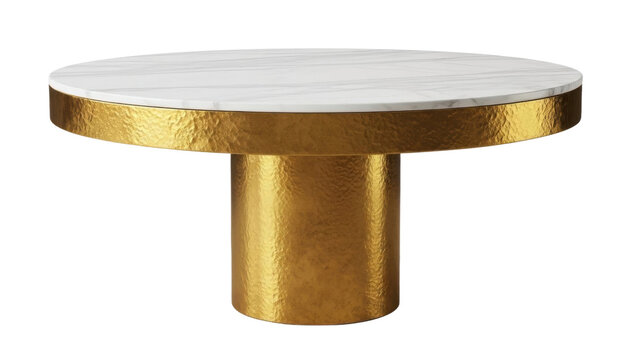 Round table with marble top and gold base placed in a modern living room setting during the day