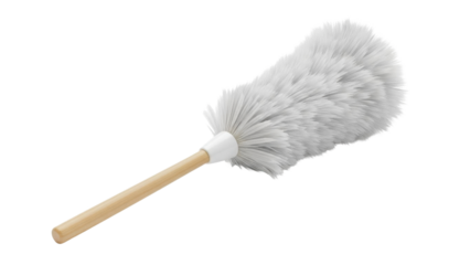 Cleaning tool for dusting shown with soft bristles and wooden handle in a simple setting