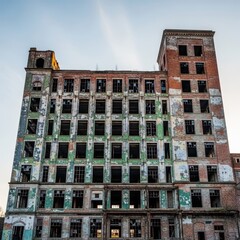 Fototapeta premium Massive abandoned mill structure with peeling paint and broken windows standing under a pale sky, highlighting the decay of heavy industry and manufacturing, windows, smokestack, production