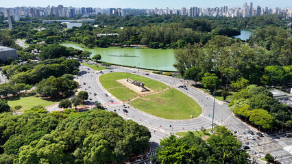 Sao Paulo Skyline In Sao Paulo  Brazil. Ibirapuera Park. Highrise Buildings. Nature Landscape. Sao Paulo Skyline In Brazil. Wonders Landmark. Leisure Park Landscape.