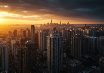 Fototapeta premium Spectacular view of a massive metropolitan center featuring modern high-rise architecture bathed in the warm, dramatic light of the setting sun, Cityscape, colorful, dramatic