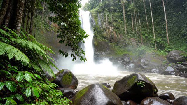 waterfall, Falling water hitting water surface, some huge rocks seeable in front of frame. Lush green leafes is moving from the wind, Bali,