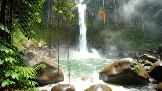 waterfall, Falling water hitting water surface, some huge rocks seeable in front of frame. Lush green leafes is moving from the wind, Bali,