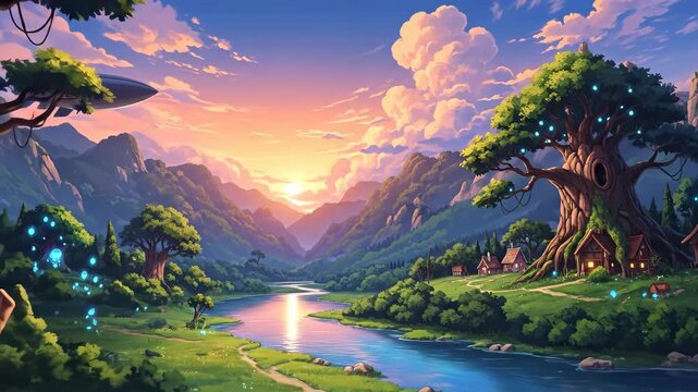 Enchanted valley sunset with flying airship and glowing fireflies in a magical landscape