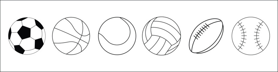 Sport Ball icons set. Balls for Football, Soccer, Basketball, Tennis, Baseball, Volleyball. Vector illustration..