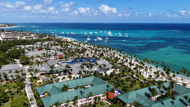 Punta Cana Skyline At Bavaro In Punta Cana Dominican Republic. Caribbean Skyline. Beach Landscape. Resorts Buildings. Punta Cana Skyline In Bavaro In Punta Cana Dominican Republic. Nature Background.