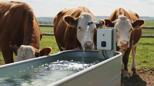 Medium shot of a sensorcontrolled watering trough activating as cattle approach demonstrating modern automated hydration technology and resource conservation.
