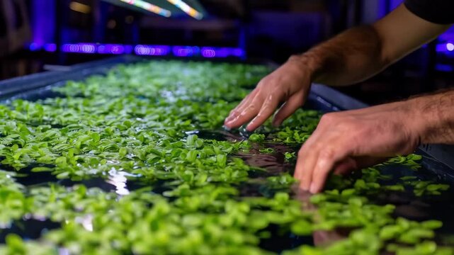 Medium shot of hands tending vibrant hydroponic plants floating in a zerogravity agritech module showcasing innovative microgravity cultivation techniques.