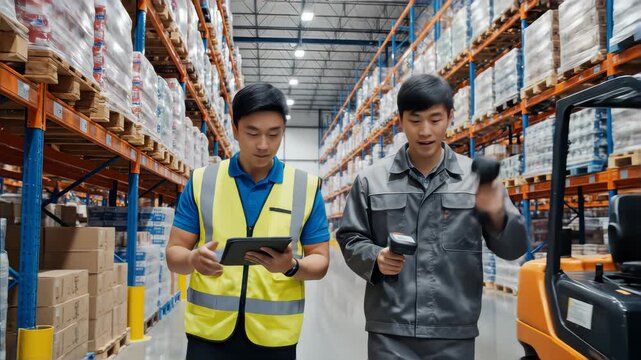 Workers walking and discussing stock inventory against tall shelves, in a warehouse with bright lamps.