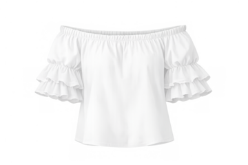White off shoulder blouse or top with puffed ruffles sleeves, feminine fashion clothing mockup for summer casual style