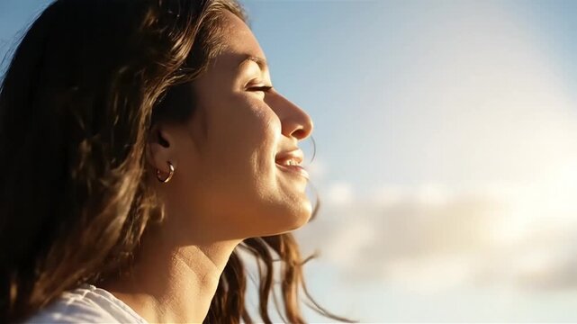 Young woman gazes optimistically at a bright sky bathed in golden sunlight a portrait of hope inspiration and positive outlook for lifestyle wellness or travel content