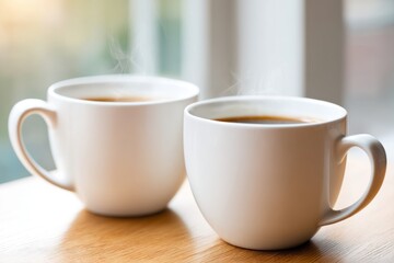 Obraz premium Warm Coffee Cups on Cafe Table by Window with Steam Rising in Morning Light