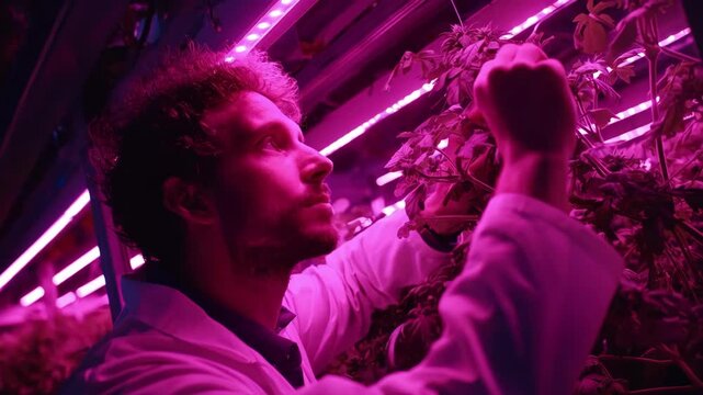 Medium shot of scientist adjusting LED spectrum settings on growth chamber customizing light wavelengths for optimal plant development in laboratory environment.