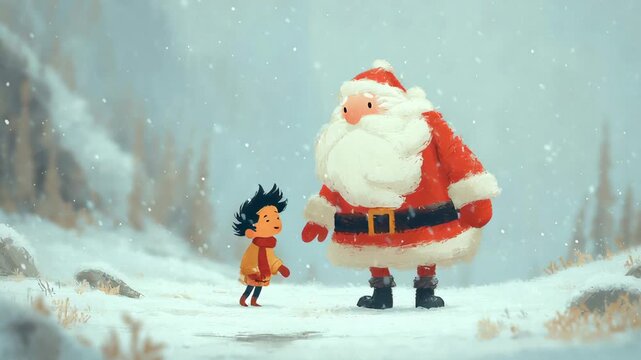 Santa and child share a heartwarming moment in snowy wonderland
