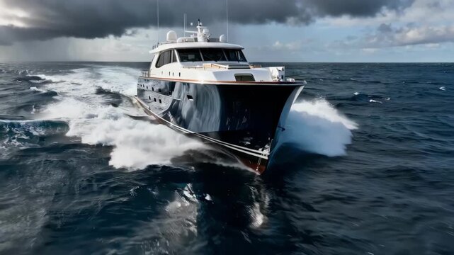 Medium shot capturing a displacement hull gliding steadily emphasizing smooth water flow and maximum stability in rough ocean conditions.