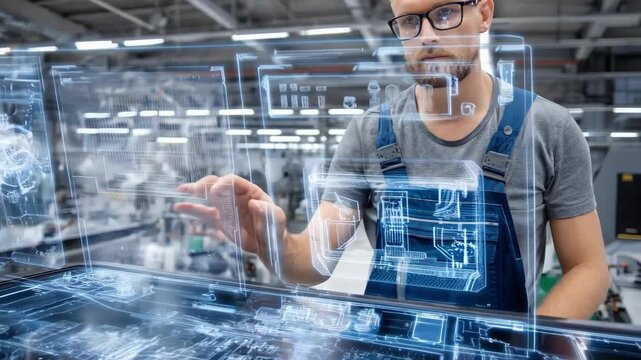 Engineer in a repair shop interacts with an AI system that visually identifies motherboard problems for efficient troubleshooting.