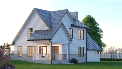 White modern American house exterior, 3d illustration
