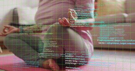 Holding pink-cased smartphone, woman in leggings sitting on red rug in living room, AR overlay
