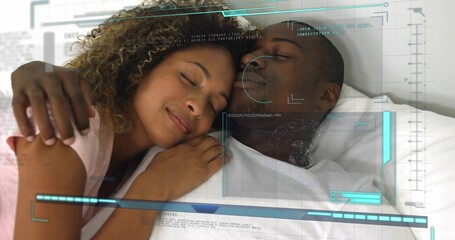 Lying romantic couple cuddling on bed, wearing white shirt and pink top with HUD overlays