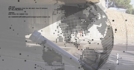 Displaying clear panel with dotted map, code at roadside, diagonal pole, man in light tee walking