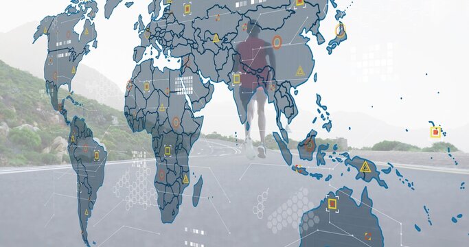 Running runner in red top and dark shorts moving along hilly paved road with map overlay - Powered by Adobe