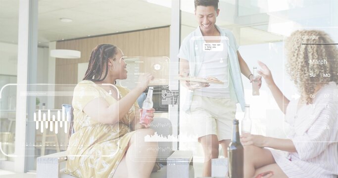 Serving friends wearing shirt and dresses holding pizza plate and bottles at patio, AR overlays