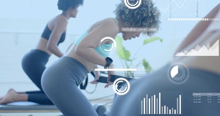 Leaning woman pulling reformer in Pilates studio, wearing sports bra and high-waist leggings, HUD