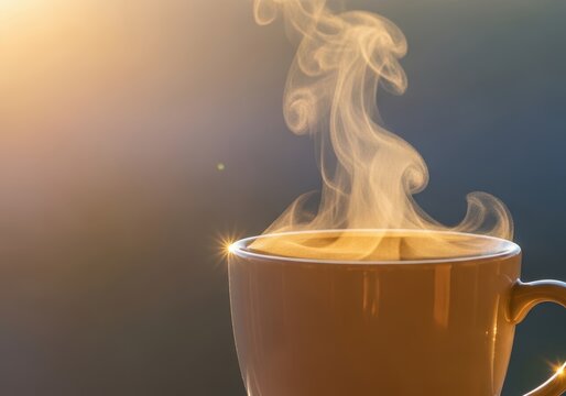 A steaming cup of golden herbal tea catching the morning sunlight, highlighting clarity and warmth for a refreshing start to the day, wooden, delicious, wake