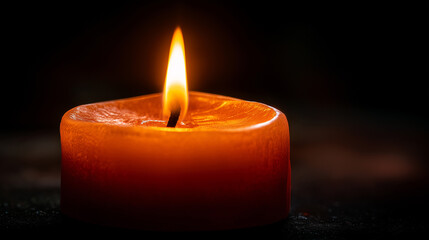 Close-up of a single burning candle flame in the dark with warm orange glow