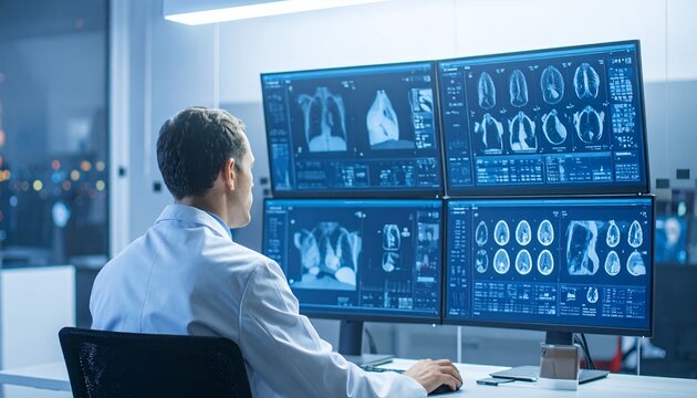 Doctor Analyzing Medical Scans on Multiple Monitors in a Modern Office.