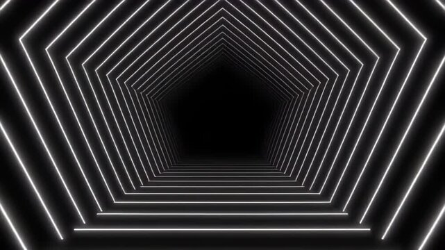 Futuristic Abstract Pentagonal Tunnel With Neon White Lights On Black