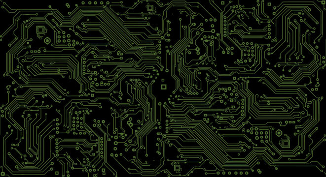 Abstract digital circuit board design with intricate pathways and connections on a black background, representing technology and data flow