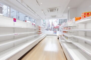 Obraz premium Bright and Spacious Interior of Empty Shop Before Opening Time with Shelves