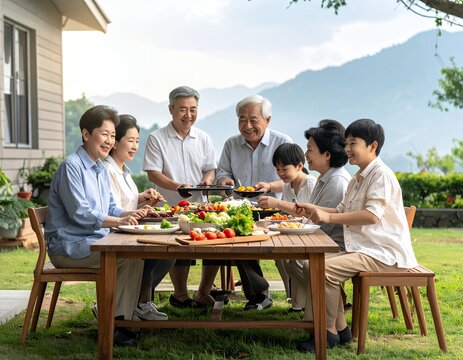 Family Gathering - A Joyful Outdoor Meal with Generations Together.