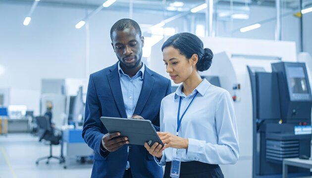 Focused Business Professionals Collaborating on a Tablet in a Modern Factory.