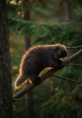 North American porcupine carefully navigates the slim branches high in the forest canopy at sunset, texture, sunset, arboreal