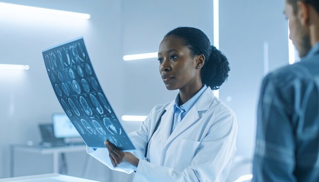Focused Doctor Examining Brain Scan with Patient in Hospital.