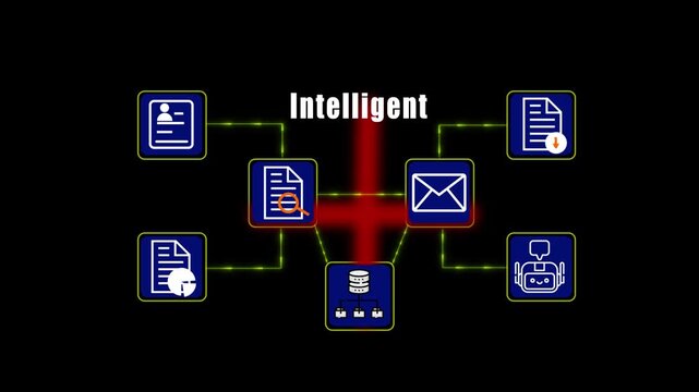 Modern intelligent technology animation featuring connected digital icons for AI chatbot business communication email database and smart automation systems.

